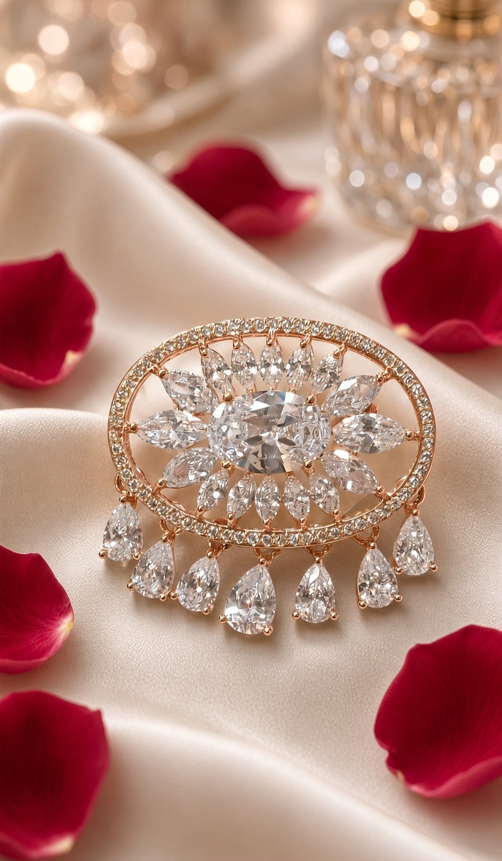 The Rose Luminosa Oval Diamond-Style Brust Pear Dangle Brooch-Rose Gold Finish