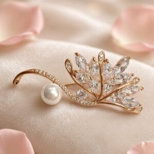 The Callista Wave And Feather Pearl Brooch-Gold Finish