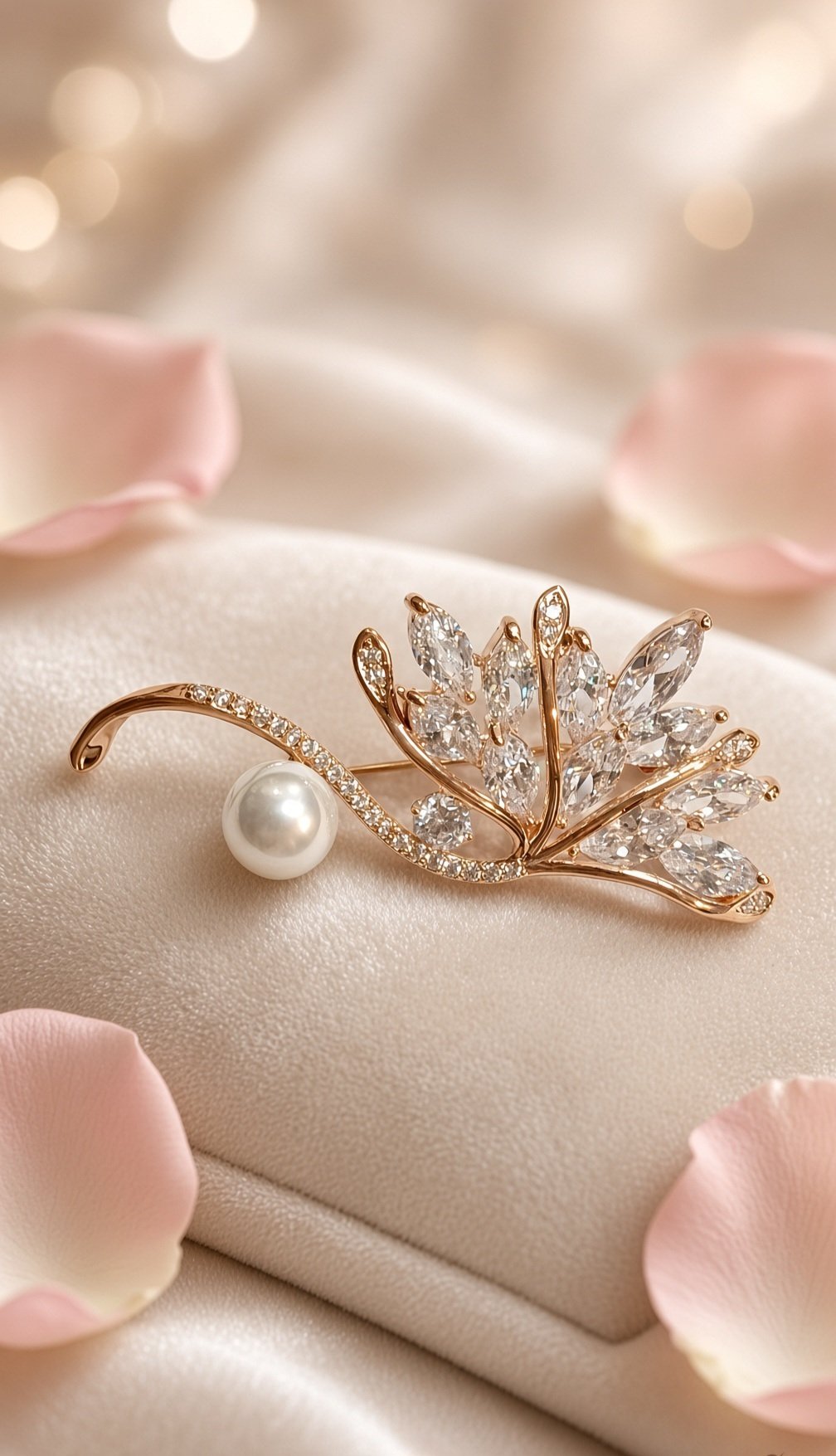 The Callista Wave And Feather Pearl Brooch-Gold Finish