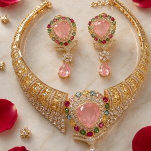 The Blush Morganite And Multi-Gemstone Cz Topaz Choker Set-Gold Finish