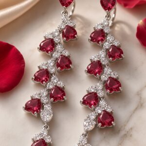The Crimson Romance Cascading Heart Ruby And Diamond-Style Chandelier Earrings-Platinum Finish