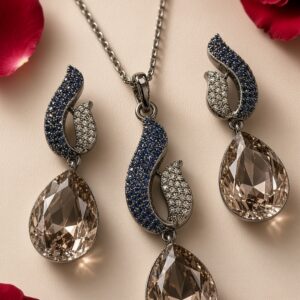 The Astral Wave Teardrop And Midnight Pavè Sapphire Pendant Set-Black Rhodium Finish