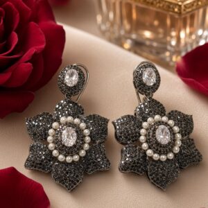 Noir Lotus Black Spinel And Pearl Drop Earrings-Black Rhodium Finish