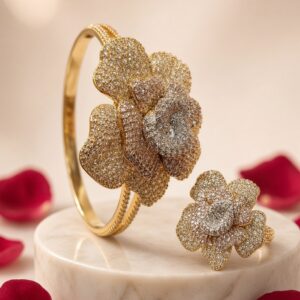 The Grand Camellia Tri-Tone Pavè Rose Bloom Kada Bracelet With Ring -Gold Finish (Ring size 8)