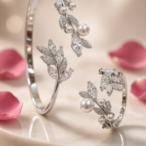 The Lumina Silver Pearl And Marquise Diamond-Style Leaf Kada Bracelet With Ring-Platinum Finish