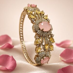 The Blush Royale Oval Pink Stone And Yellow Sapphire Floral Kada Bracelet-Antique Finish