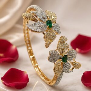 Gulzar Emerald Dual Flower Diamond-Style Kada Bracelet-Gold Finish