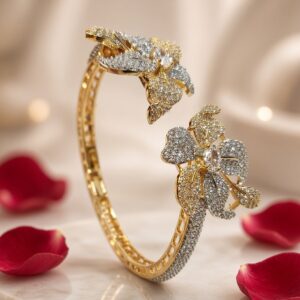 Imperial Two-Tone Pavè Diamond-Style Twin Flower Kada Bracelet-Gold Finish