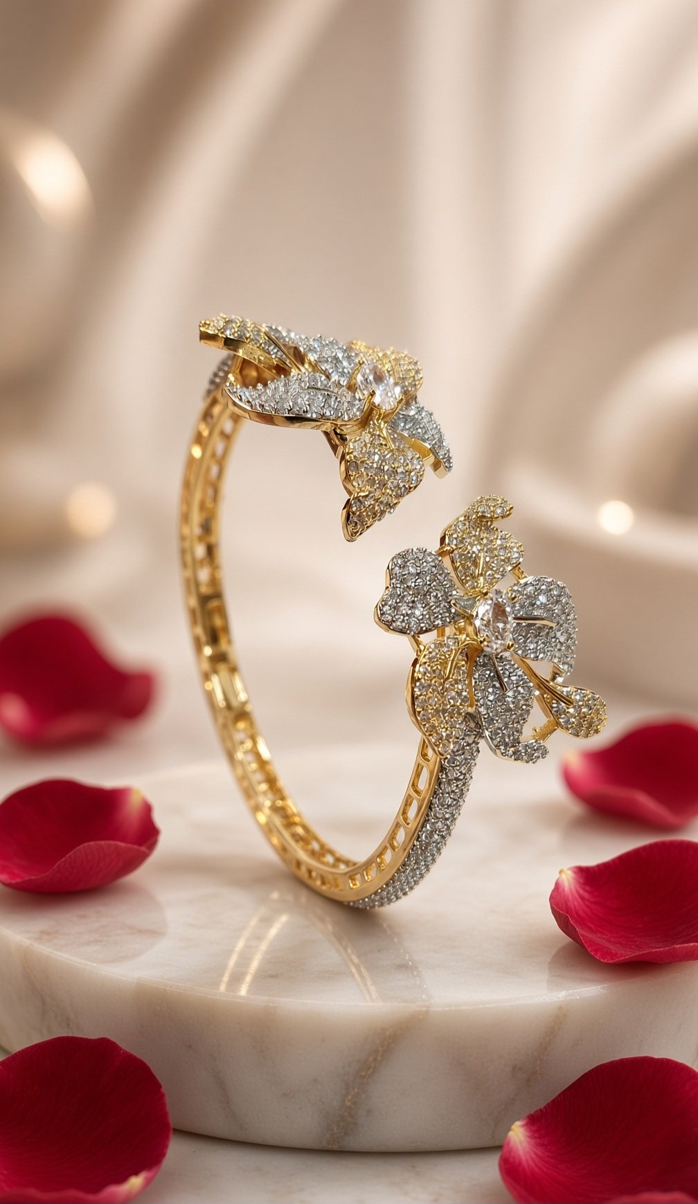 Imperial Two-Tone Pavè Diamond-Style Twin Flower Kada Bracelet-Gold Finish