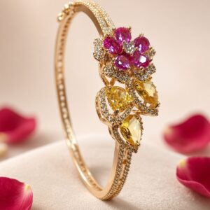 The Crimson Sunburst Ruby And Yellow Sapphire Floral Kada Bracelet-Gold Finish