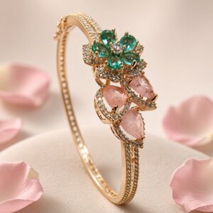 The Emerald And Blush Pink Quartz Floral Kada Bracelet-Gold Finish