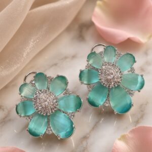 Mint Green Magic Stellar Stud Earrings- Platinum Finish