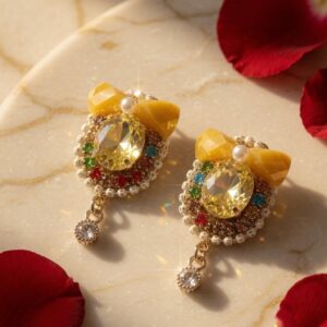 Soleil Bow Beaded Drop Earrings-Gold Finish