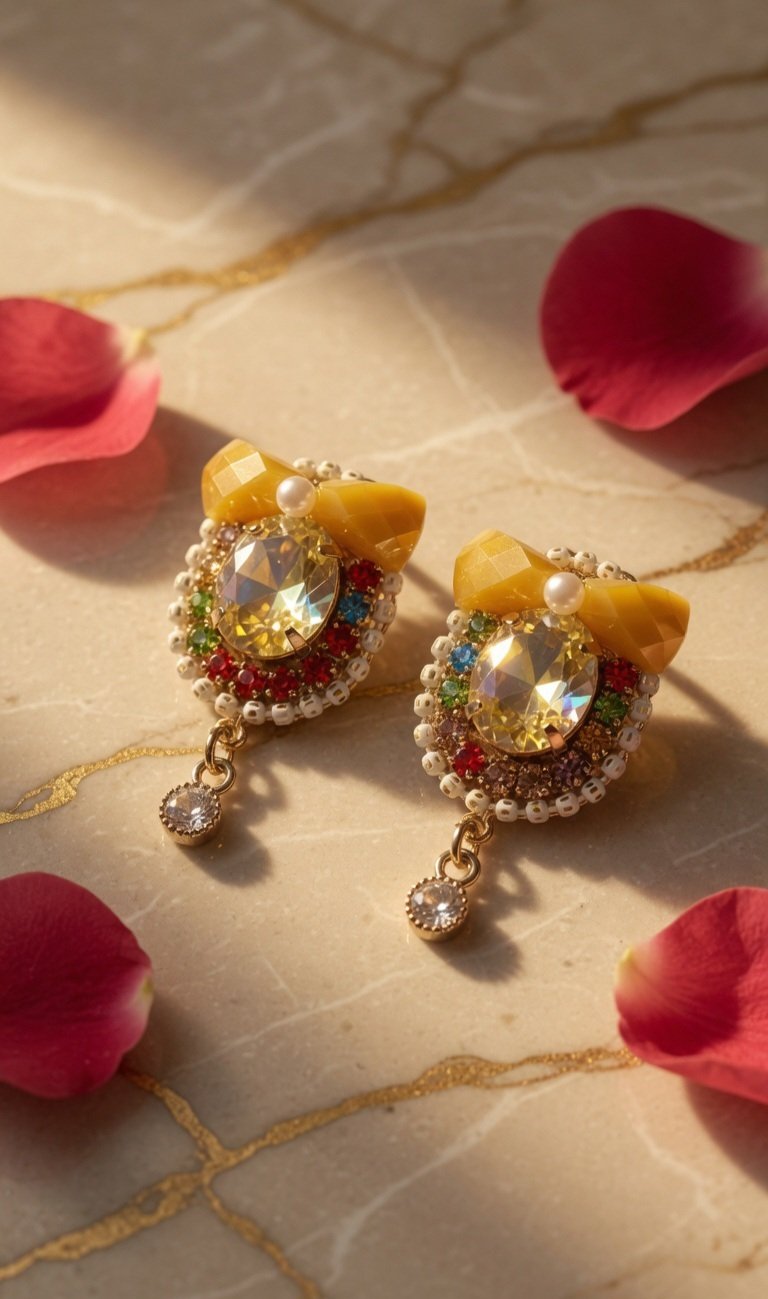 Soleil Bow Beaded Drop Earrings-Gold Finish - Image 2