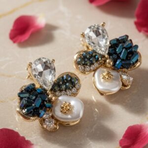 Sapphire Bloom Couture Earrings-Gold Finish