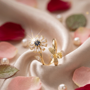 Golden Nectar Blue Sapphire And Diamond Floral Bee Ring Adjustable-Gold Finish