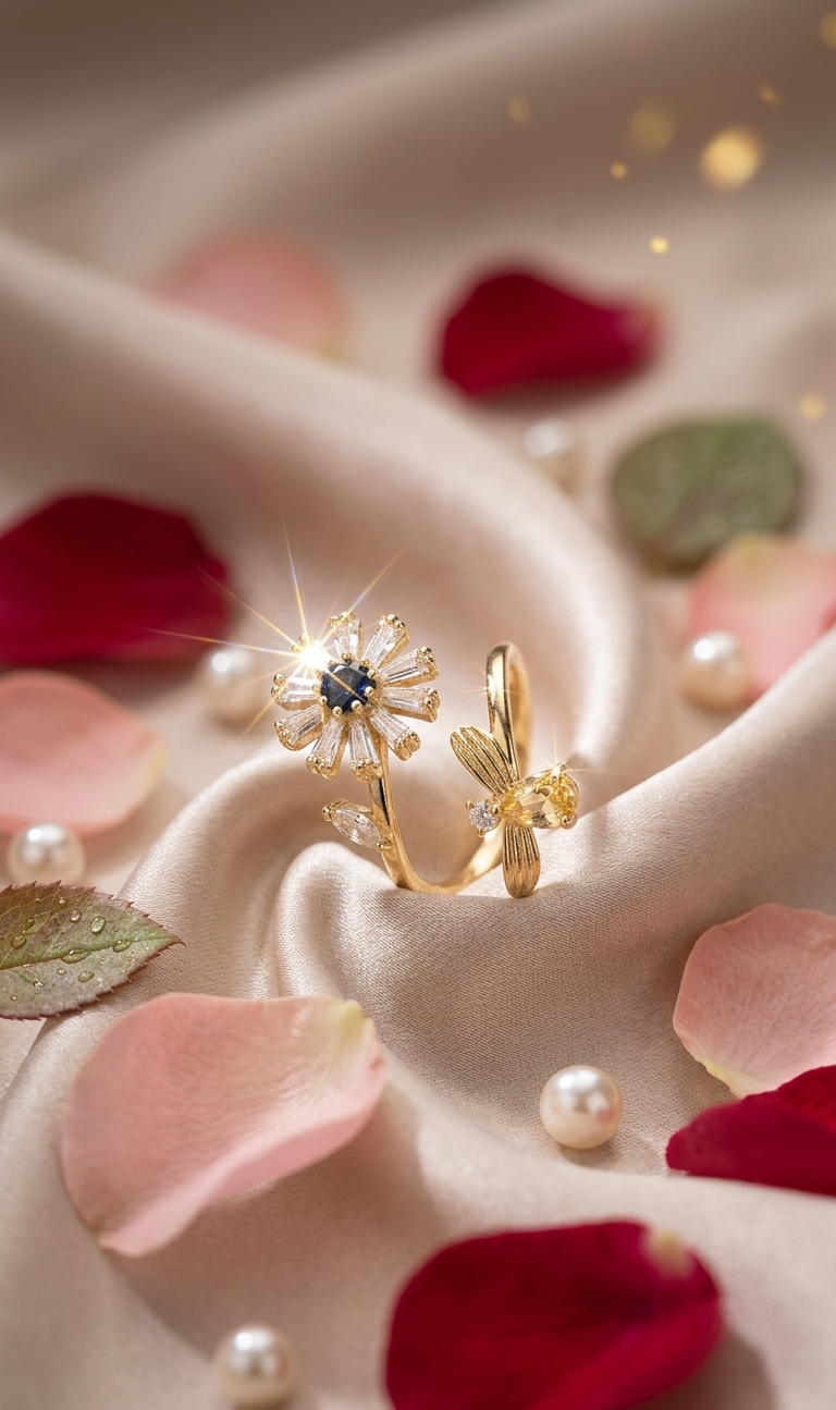 Golden Nectar Blue Sapphire And Diamond Floral Bee Ring Adjustable-Gold Finish