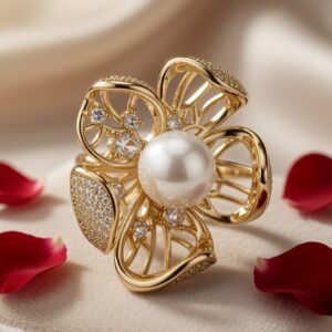 The Golden Flora Sculpted Pearl Cocktail Adjustable Ring-Gold Finish