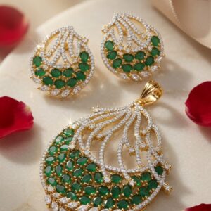 The Royal Emerald Plume Cz Pendant Set-Gold Finish