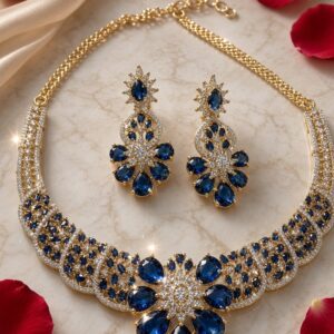 The Royal Blue Cut-out Choker Floral Lattice Diamond-Style Choker Set-Gold Finish