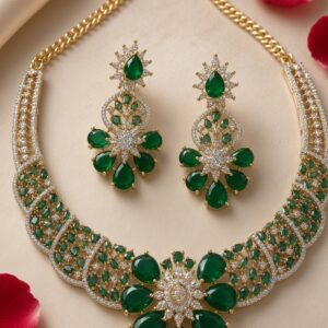 Majestic Emerald And Pavè Diamond-Style Flower Choker Set-Gold Finish