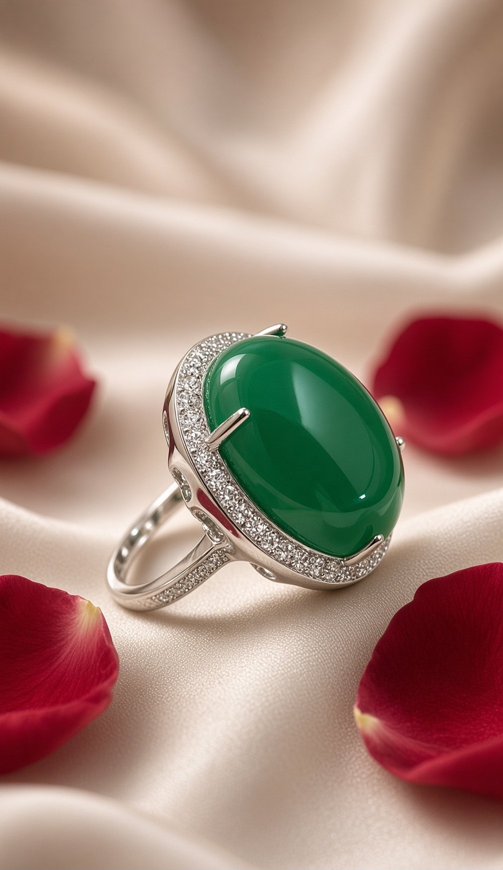 Opulence Emerald Cabochon Diamond-Style Adjustable Ring-Platinum Finish
