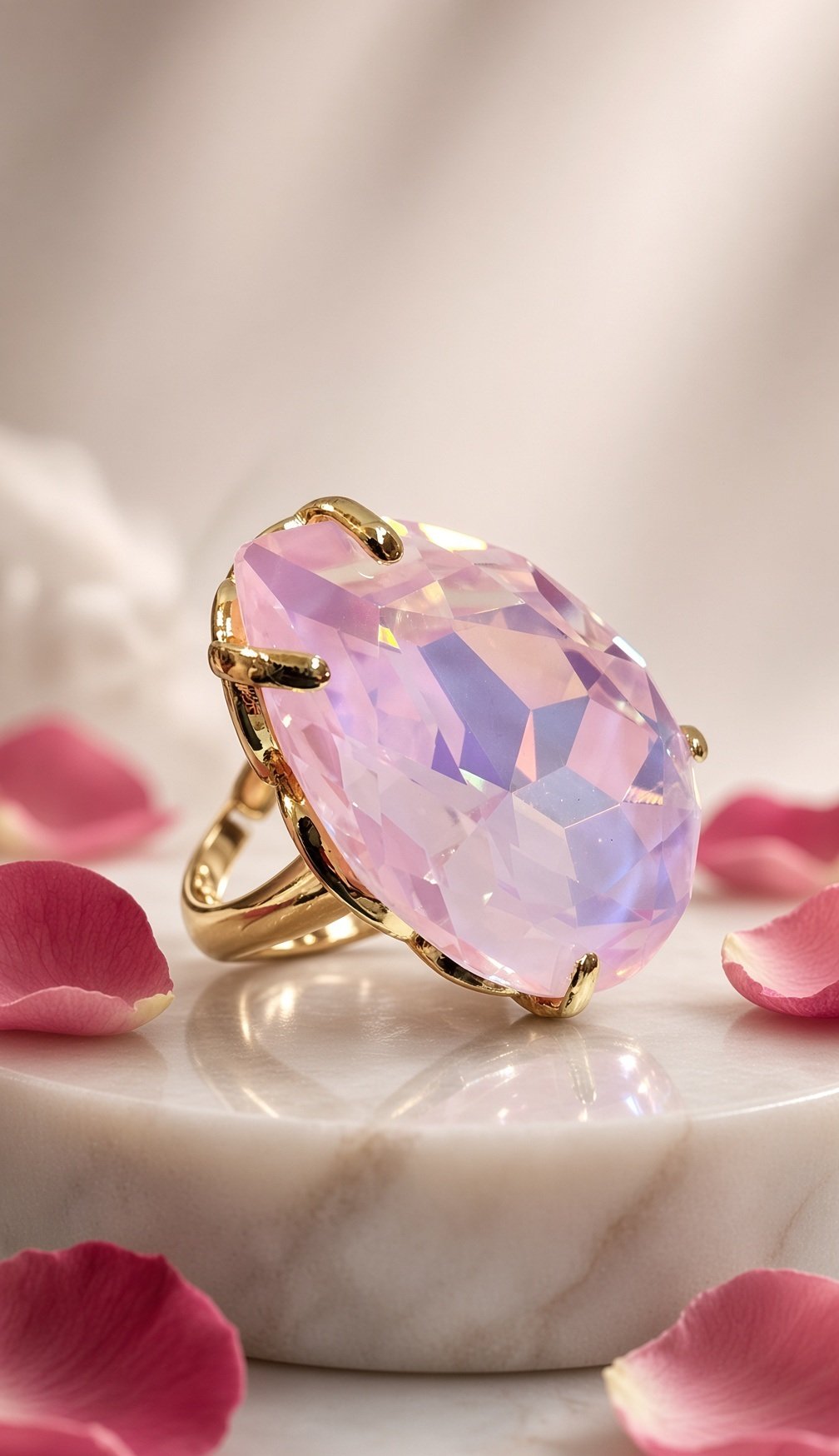 Lilac Radiance Teardrop Crystal Cocktail Adjustable Ring-Gold Finish