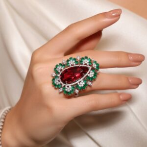 Regal Whisper Emerlad Green & Red Pear Ring