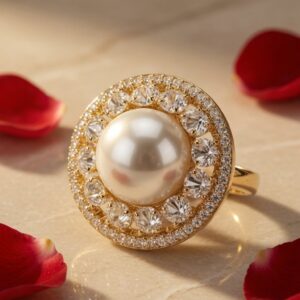 Luxury Diamond Pearl Look Statement Ring