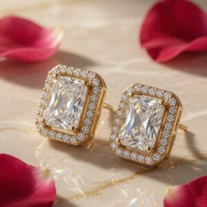 Regal Emerald-Cut Zirconia Studs-Gold Finish
