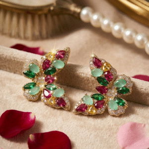 Luxury Gold Emerald,Ruby And Jade Butterfly Studs-Gold Finish