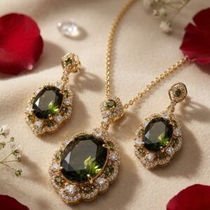 Ornate Diamond Filigree Olive Green Scalloped Pendant Set-Gold Finish