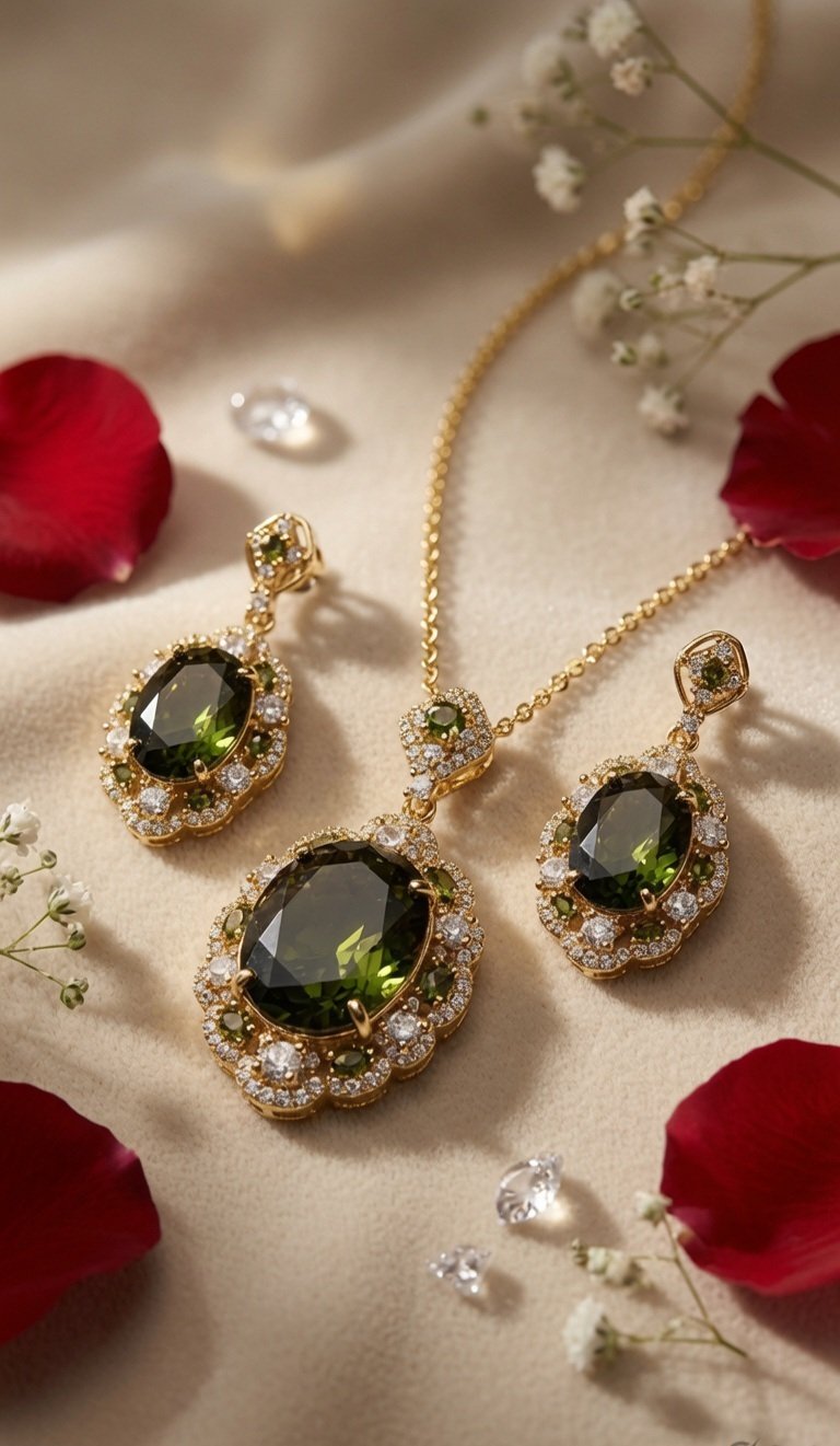 Ornate Diamond Filigree Olive Green Scalloped Pendant Set-Gold Finish