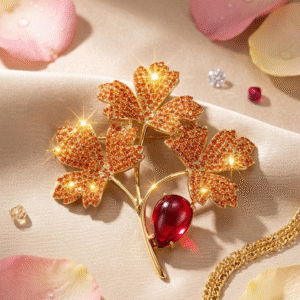 Crimson Dew Drop Maple Luxury Pavè Topaz Ruby-Red Cabochon Brooch-Gold Finish