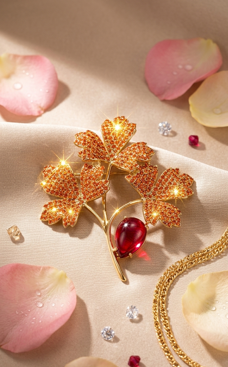 Crimson Dew Drop Maple Luxury Pavè Topaz Ruby-Red Cabochon Brooch-Gold Finish