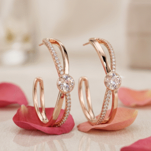 Perimum Dual-Band Pave Diamond-Style And Solitaire Hoops-Gold Finish
