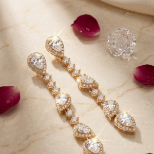 Eternity Linear Teardrop Pear Halo Earrings-Gold Finish