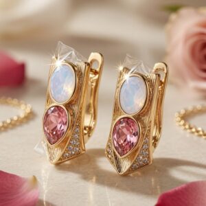Athena Iridescent Moonstone And Rose Gold Shield Hoops-Gold Finish