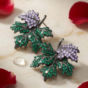 Verdant Élan Emerald And Amethyst Maple Leaf Earrings-Black Rhodium Finish