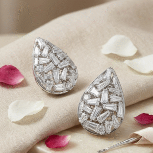 Elysian Teardrop Baguette Cluster Mosaic Earrings-Platinum Finish