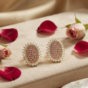 The Mirabella Oval Pink Oval Halo Studs-Gold Finish