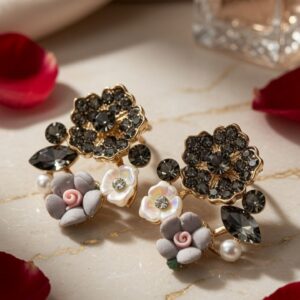 The Midnight Dahlia Smoky Crystal And Lavender Floral Earrings-Gold Finish
