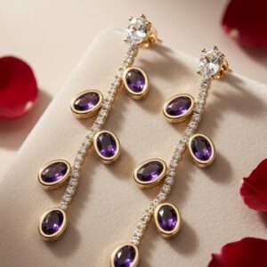 The Violette Vine Amethyst And Diamond-Style Drop Earrings-Gold Finish