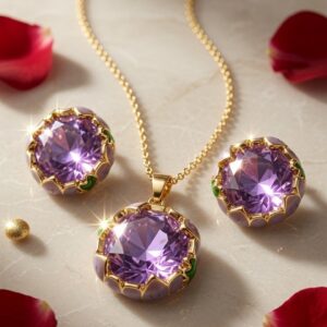 The Seraphina Amethyst Purple Crystal Pendant And Earrings Set-Gold Finish
