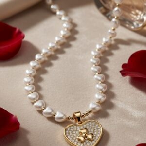 The Beatrice Heart Pearl Strand And Pavè Clover Necklace-Gold Finish