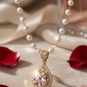 The Genevieve Morganite Teardrop Pearl Necklace-Gold Finish