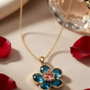 The Florence Blue Crystal And Rose Sapphire Flower Pendant-Gold Finish