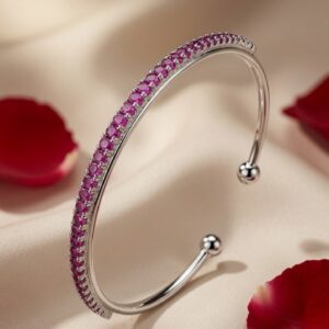 Verona Pink Sapphire Open Cuff Kada Bracelet-Platinum Finish