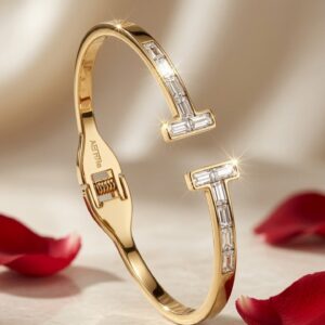Double T Channel-Set Baguette Hinged Kada Bracelet-Gold Finish