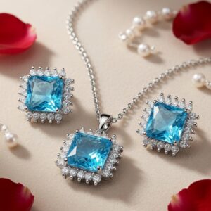 Oceanique Cushion-Cut Aquamarine Princess-Cut Pendant Set-Platinum Finish